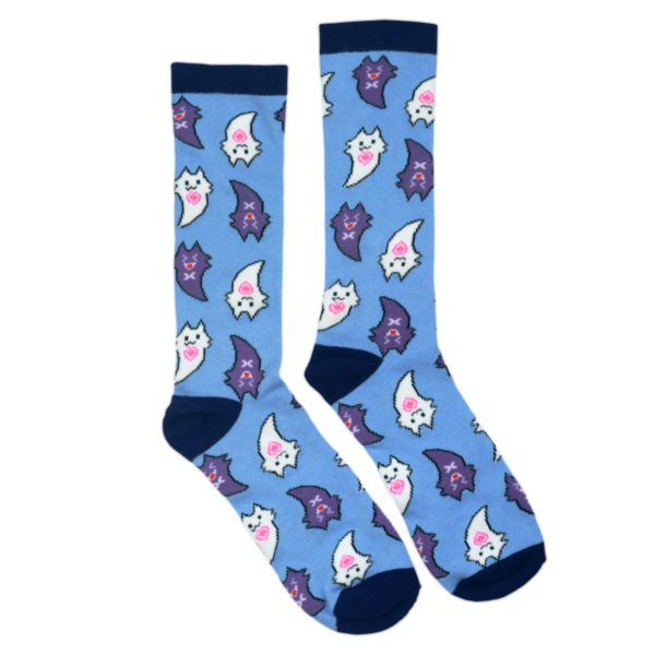 blue ugly waifu socks with killer gf kitty ghost pattern