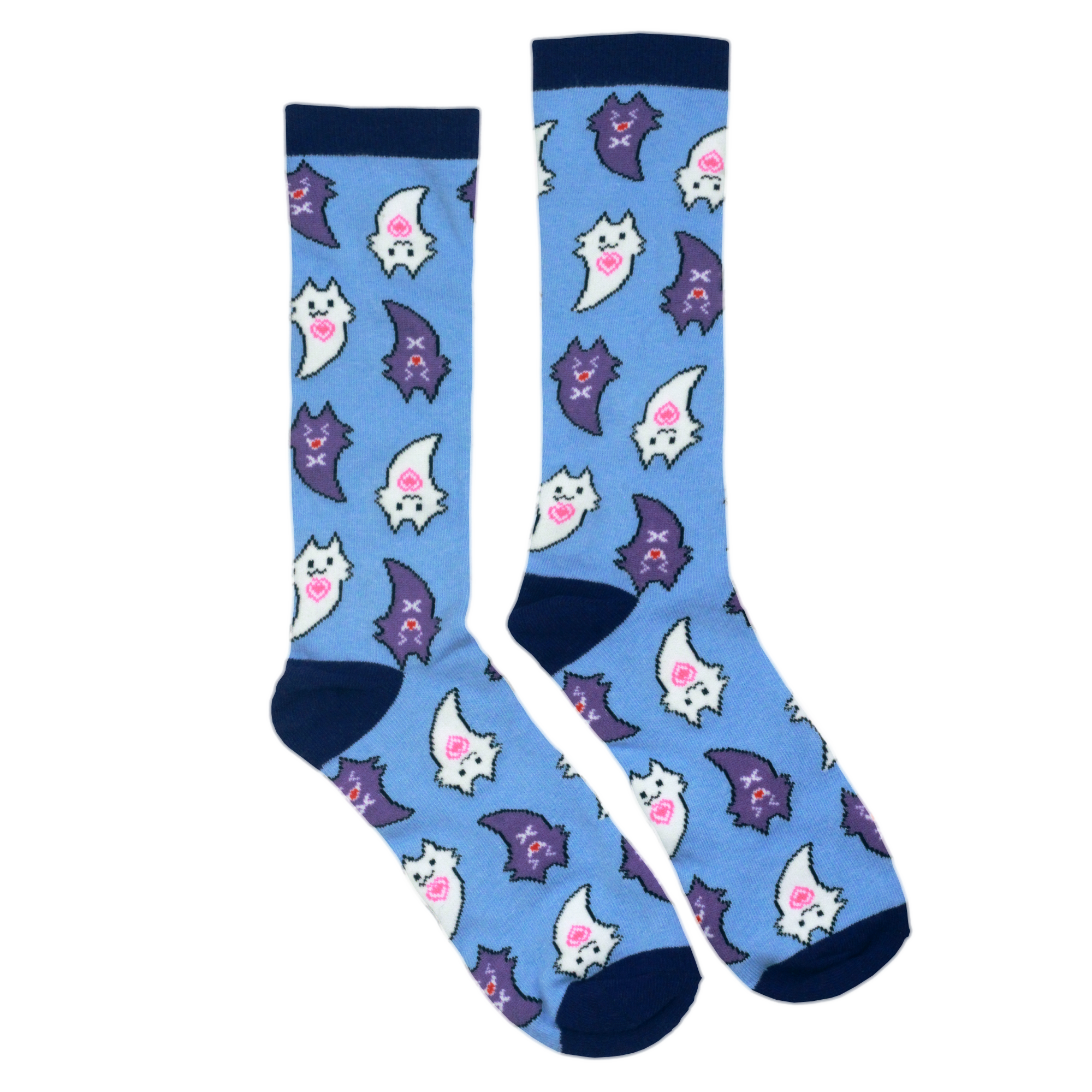 blue ugly waifu socks with killer gf kitty ghost pattern