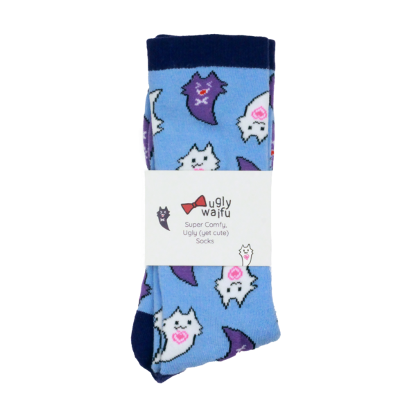 blue ugly waifu socks with killer gf kitty ghost pattern