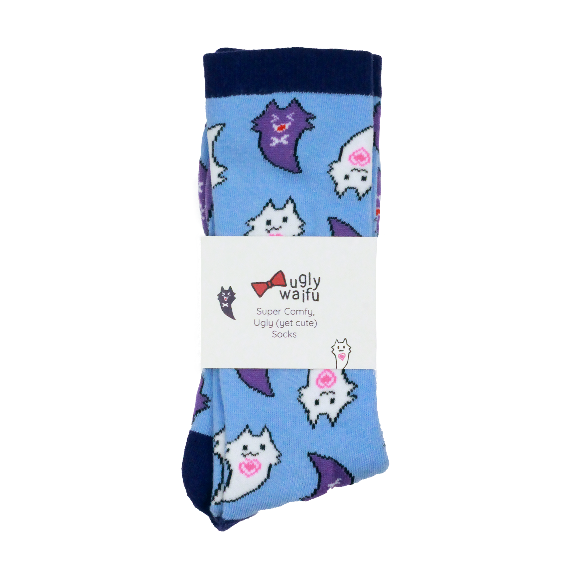 blue ugly waifu socks with killer gf kitty ghost pattern